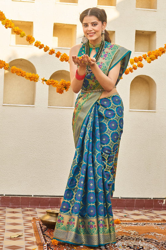 Azure Blue Zari Woven Banarasi Saree