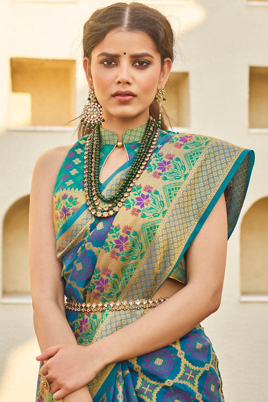 Azure Blue Zari Woven Banarasi Saree