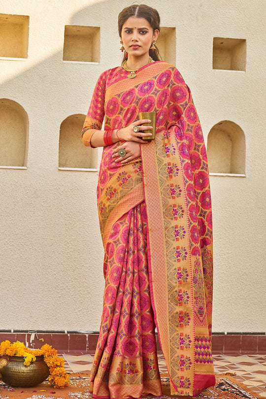 Watermelon Pink Zari Woven Banarasi Saree