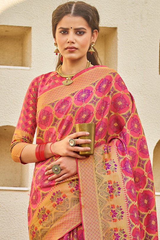 Watermelon Pink Zari Woven Banarasi Saree