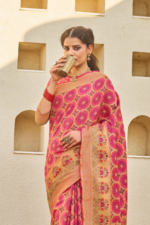 Watermelon Pink Zari Woven Banarasi Saree