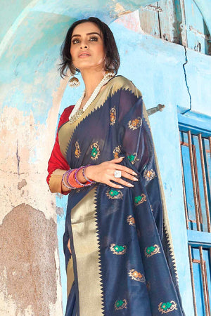 Lapis Blue Printed Banarasi Saree