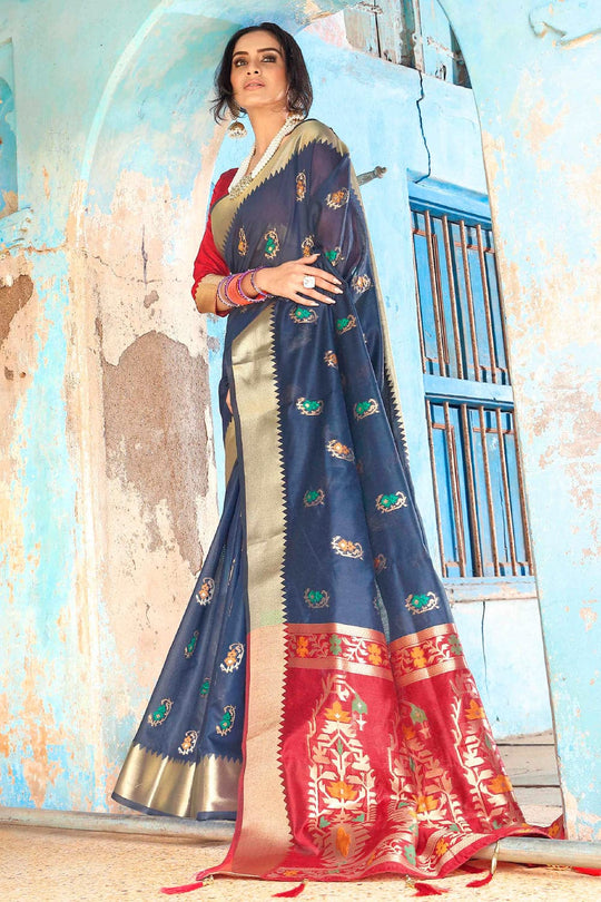 Lapis Blue Printed Banarasi Saree