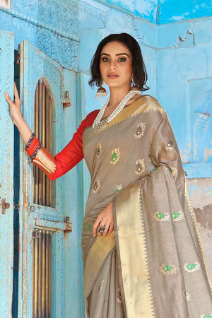 Oyster Gold Printed Banarasi Saree