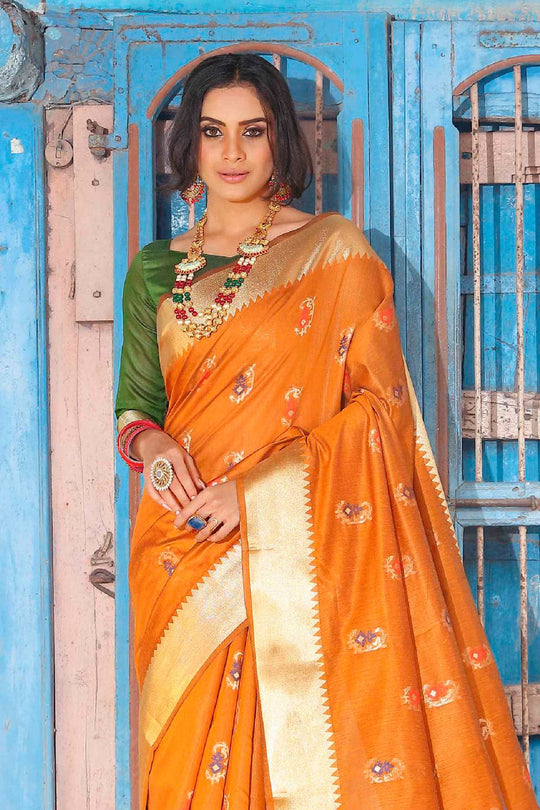 Amber Orange Printed Banarasi Saree