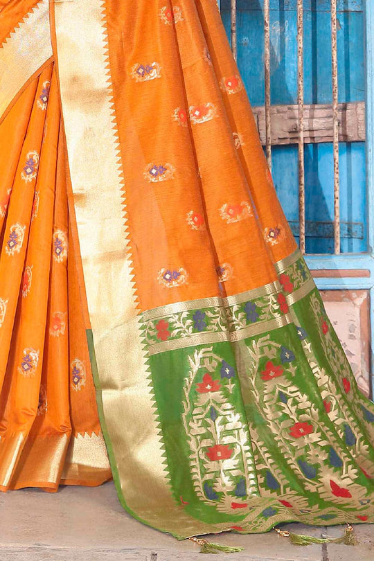 Amber Orange Printed Banarasi Saree