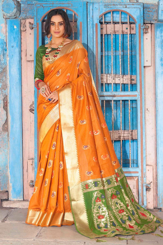 Amber Orange Printed Banarasi Saree