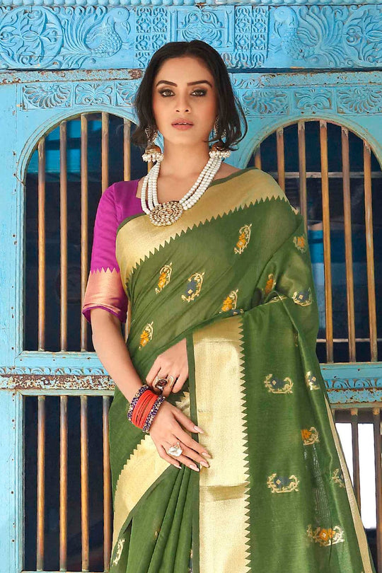 Fern Green Printed Banarasi Saree