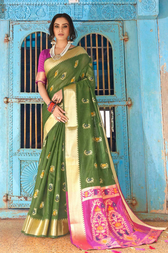 Fern Green Printed Banarasi Saree
