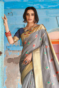 Metal Gray Printed Banarasi Saree