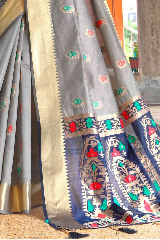 Metal Gray Printed Banarasi Saree