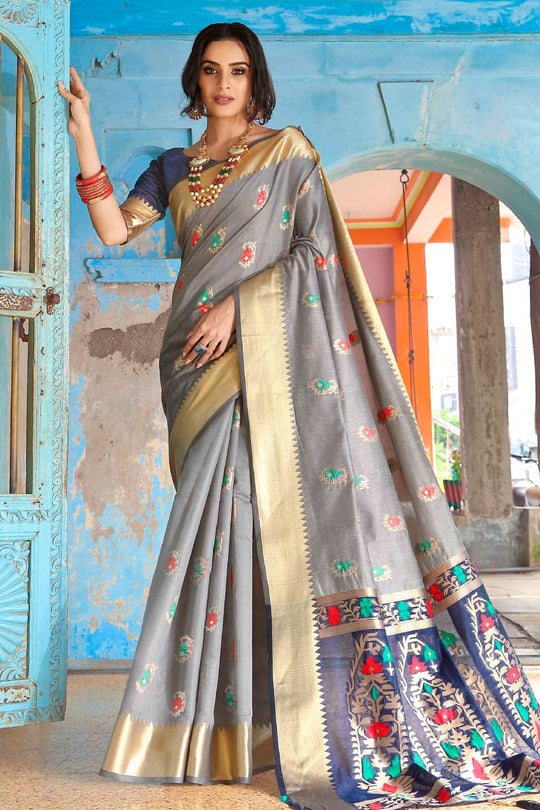 Metal Gray Printed Banarasi Saree