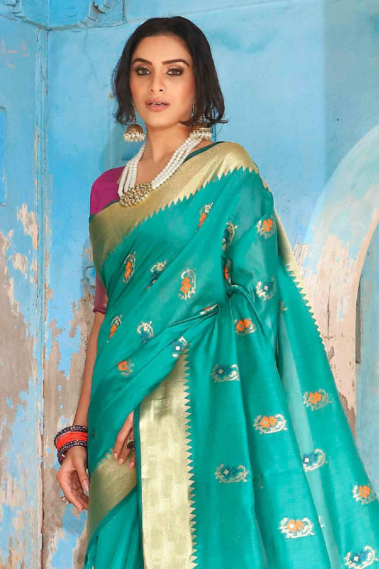 Pool Blue Printed Banarasi Saree