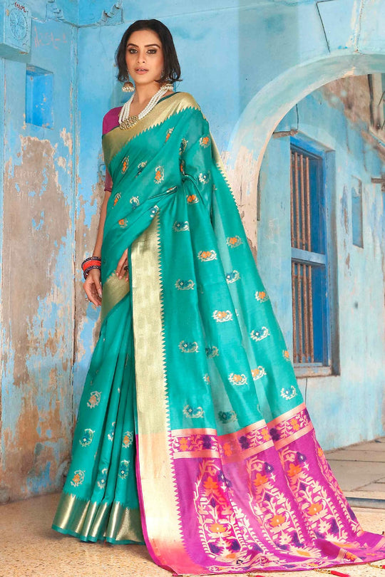 Pool Blue Printed Banarasi Saree