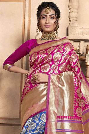 Pink And Blue Printed Chanderi Saree