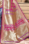 Pink And Blue Printed Chanderi Saree