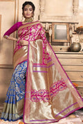 Pink And Blue Printed Chanderi Saree