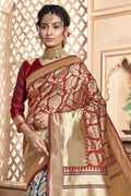 Brown And Blue Printed Chanderi Saree