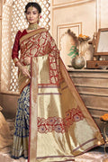 Brown And Blue Printed Chanderi Saree