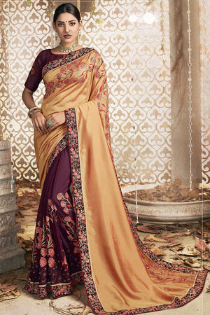 Purple & Peach Zari Woven Chanderi Saree