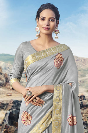 Steel Grey Printed Chanderi Saree