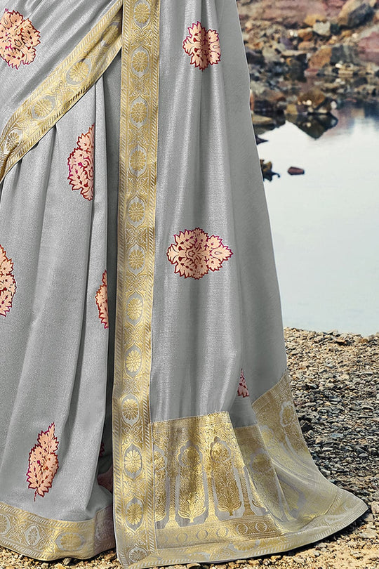 Steel Grey Printed Chanderi Saree