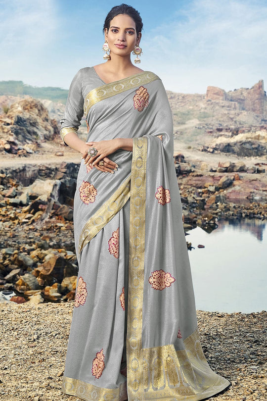 Steel Grey Printed Chanderi Saree