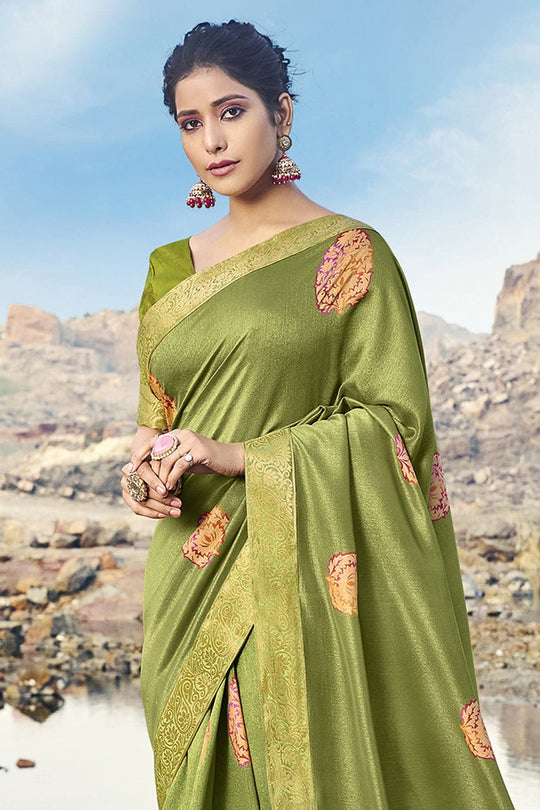 Olive Green Printed Chanderi Saree