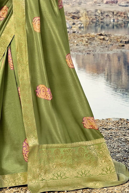 Olive Green Printed Chanderi Saree