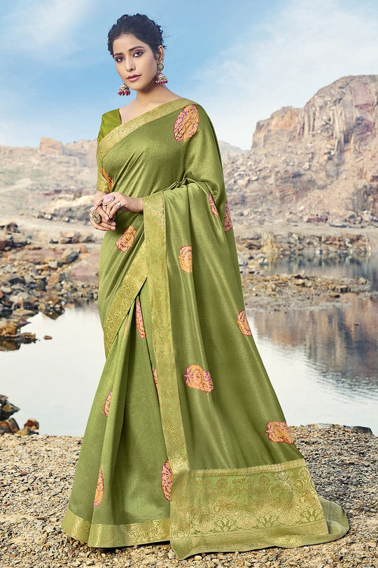 Olive Green Printed Chanderi Saree