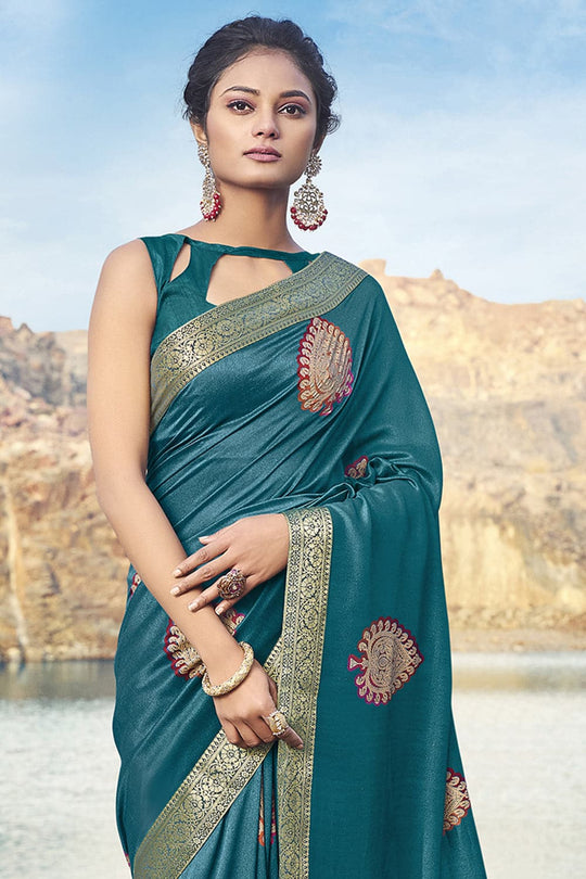 Teal Blue Printed Chanderi Saree