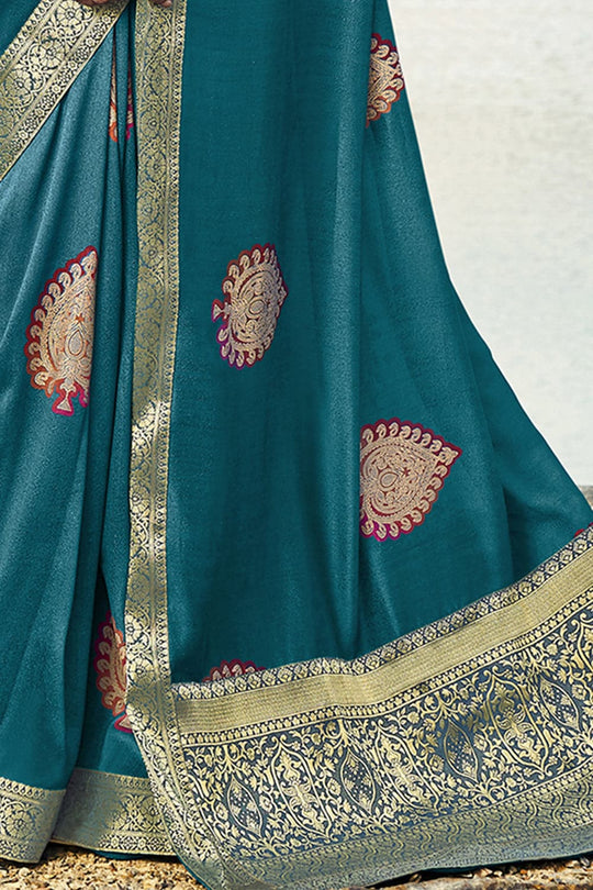 Teal Blue Printed Chanderi Saree