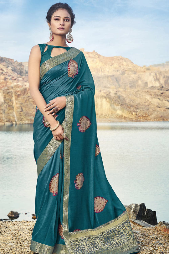 Teal Blue Printed Chanderi Saree