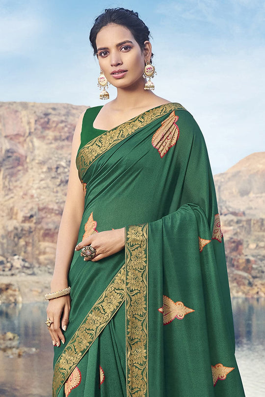 Forest Green Printed Chanderi Saree