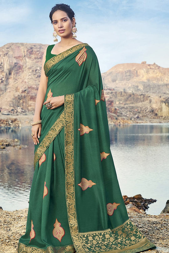 Forest Green Printed Chanderi Saree