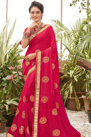 Cerise Pink Embroidered Chanderi Saree