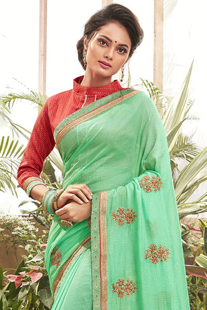 Sea Green Embroidered Chanderi Saree