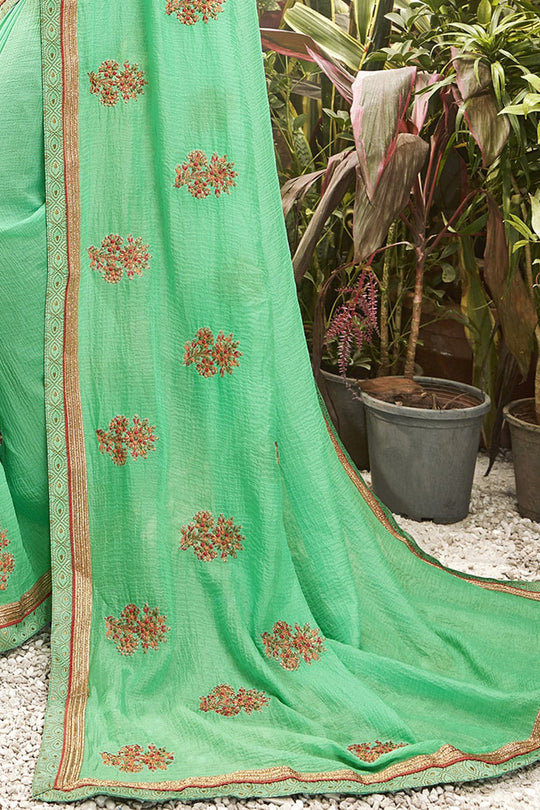 Sea Green Embroidered Chanderi Saree