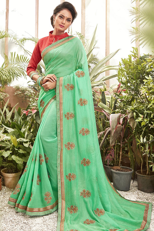 Sea Green Embroidered Chanderi Saree