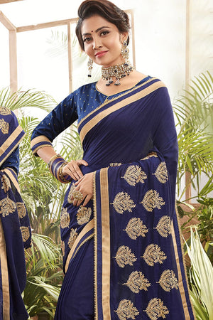 Denim Blue Embroidered Chanderi Saree