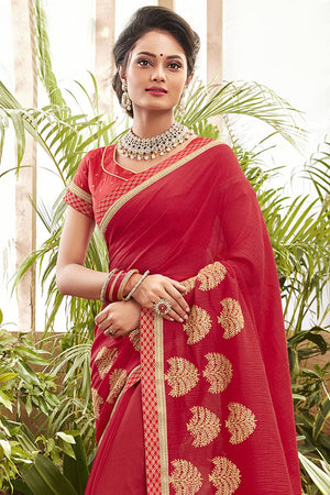 Fire Brick Red Embroidered Chanderi Saree