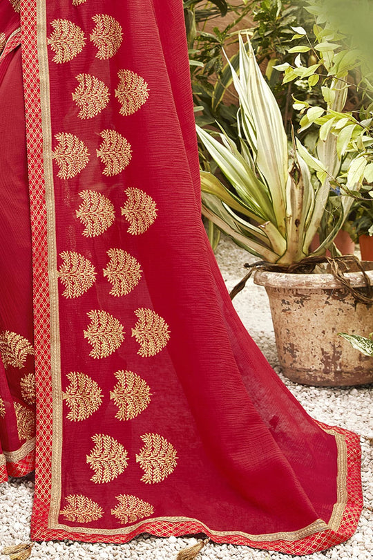 Fire Brick Red Embroidered Chanderi Saree