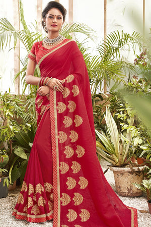 Fire Brick Red Embroidered Chanderi Saree
