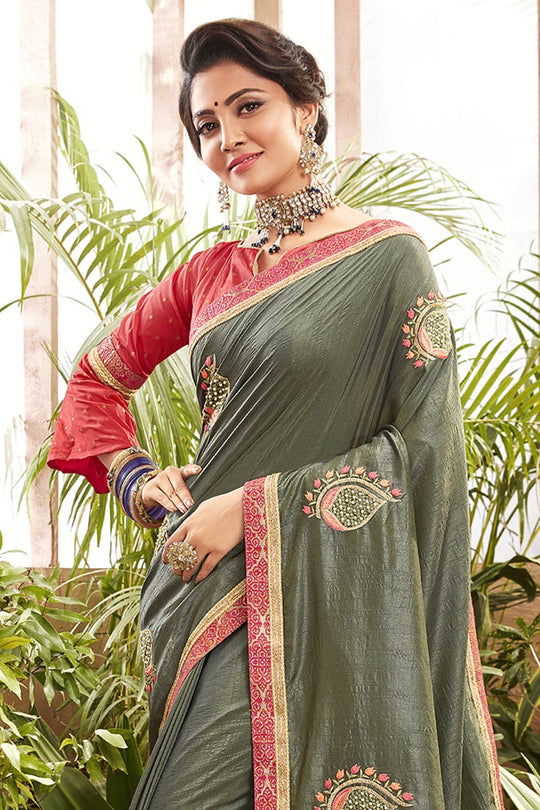 Fern Green Embroidered Chanderi Saree