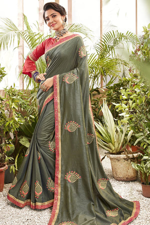 Fern Green Embroidered Chanderi Saree
