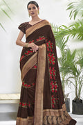 Russet Brown Printed Chanderi Saree