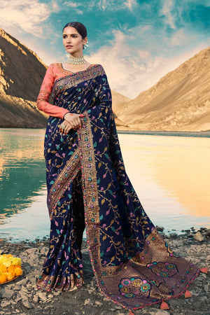 Navy Blue Designer Saree With Embroidered Silk Blouse - Woven Fusion Of Banarasi & Raw Silk