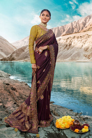 Wine Designer Saree With Embroidered Silk Blouse - Woven Fusion Of Banarasi & Raw Silk