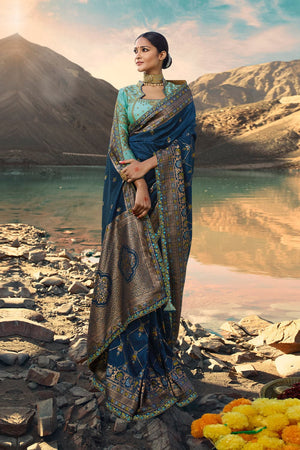 Deep Blue Designer Saree With Embroidered Silk Blouse - Woven Fusion Of Banarasi & Raw Silk