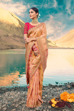 Beige Pink Designer Saree With Embroidered Silk Blouse - Woven Fusion Of Banarasi & Raw Silk